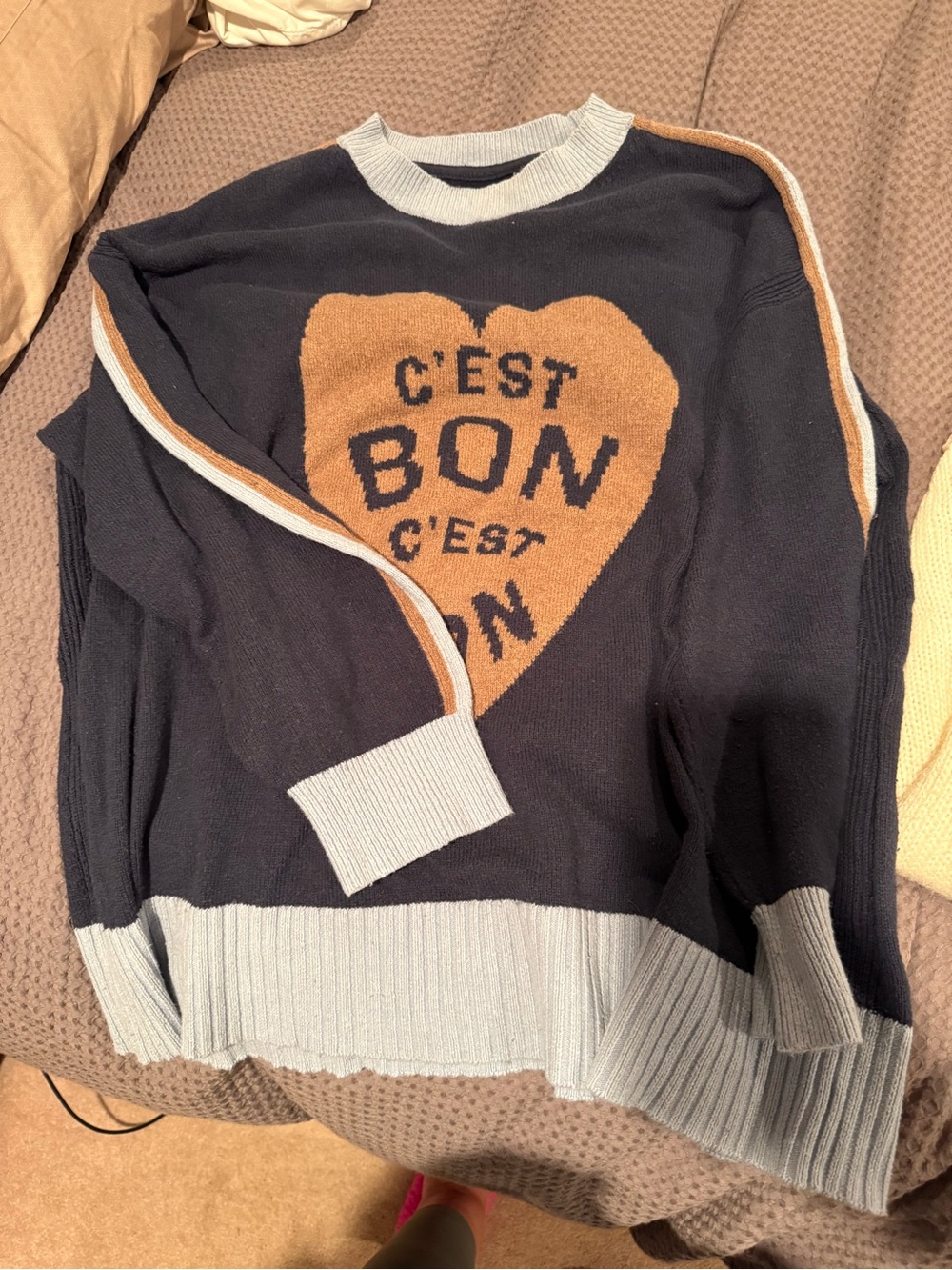 Anthropologie Maeve C'EST BON Heart Intarsia Crewneck Sweater - Navy & Camel.